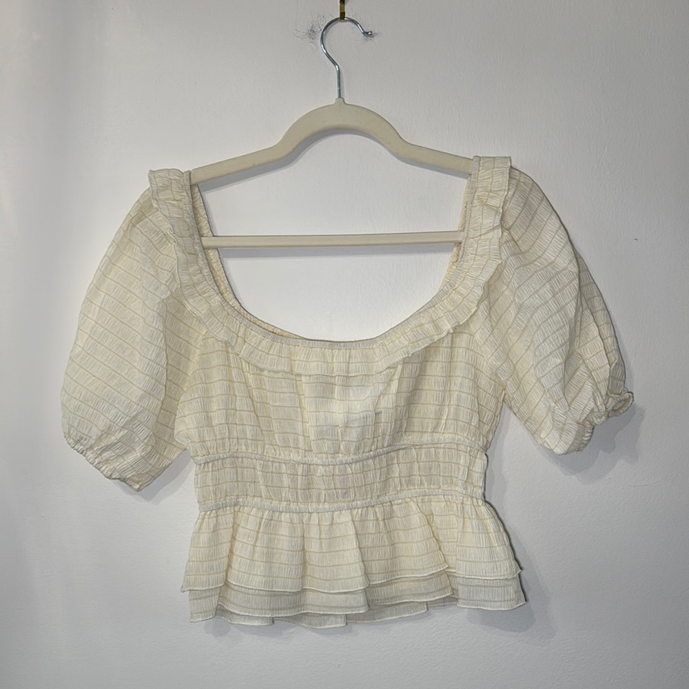 Lush Cream Peplum Blouse Top with Puff short Sleeves new with tag
